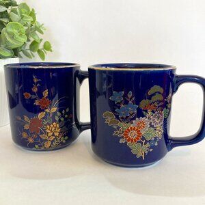 2 Colbalt Blue Floral With Gold Accents Coffee Cups